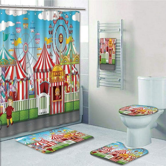EREHome Carnival with Many Rides Shops Landscape Cloudy Sky 5 Piece Bathroom Set Shower Curtain Bath Towel Bath Rug Contour Mat and Toilet Lid Cover