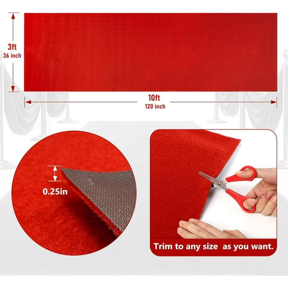 3ft x 10ft Red Carpet Runner for Party, TPR Rubber Backed Red Rug, Non-Slip,Extra Thick, Wedding and Events Decorations, Reusable