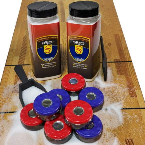 Shuffleboard Pucks w/Shuffleboard Wax High Speed (2 Cans), Mini Dustpan and Brush for Shuffleboard Table, Complete Shuffleboard Accessories Bundle (2