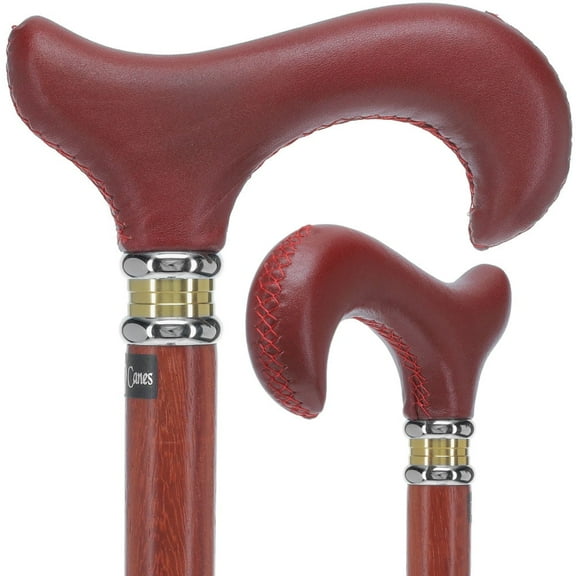 Soft Genuine Leather Red Grip Walking Cane - Padauk Wood Shaft Luxury Cane for Men and Women Two-Tone Collar Comfortable Leather Derby Handle Walking Cane