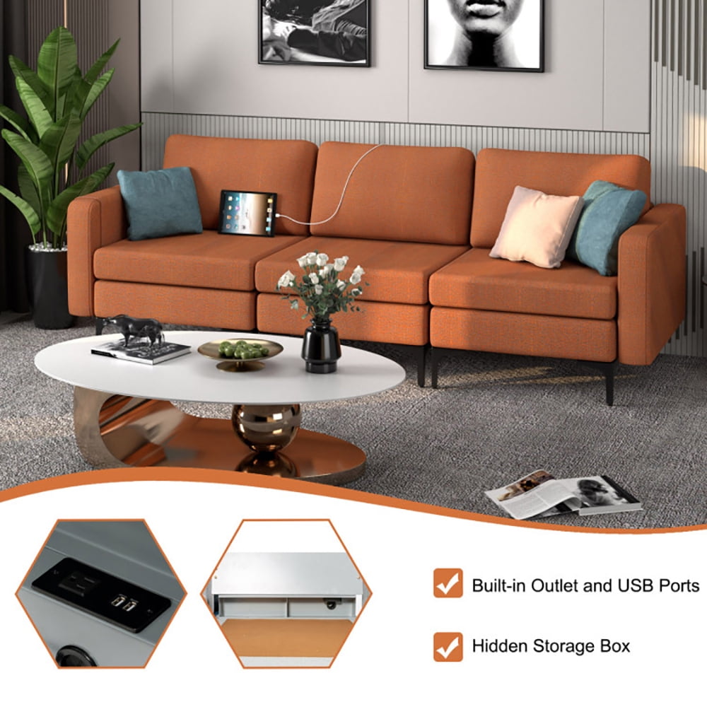 Finihen Leather Sofa, 3-Seat Sofa, Convertible Leather Sofa Couch with Magazine Pockets 3-Seat with 2 USB Port, for Living Room, Bedroom, Orange Finihen Leather Sofa, 3-Seat Sofa, Convertible Leather Sofa Couch with Magazine Pockets 3-Seat with 2 USB Port, for Living Room, Bedroom, Orange
