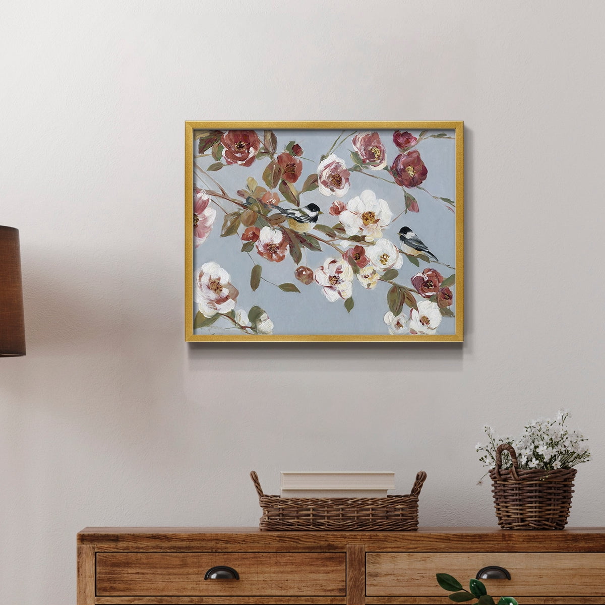 Chickadees and Blossoms II by Sally Swatland - Restickable Framed Giclée Print
