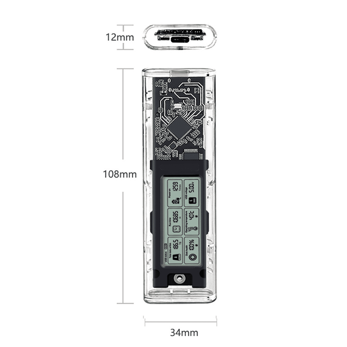 M.2 NVME/NGFF Dual Protocol SSD Enclosure Transparent Hard Drive Case USB3.2 with Intelligent Display SATA SSD Adapter