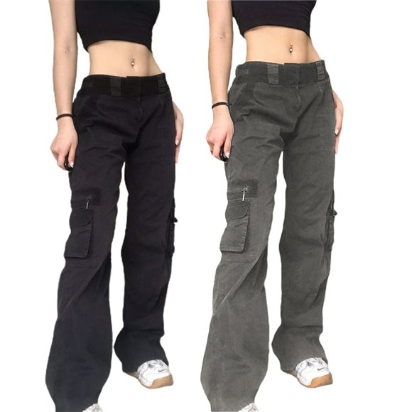 Pantalon Cargo pour Femmes Style Punk Grunge Jeans Noirs Vintage Gothique Femmes Droit Long Pantalon Harajuku Mode Urbaine