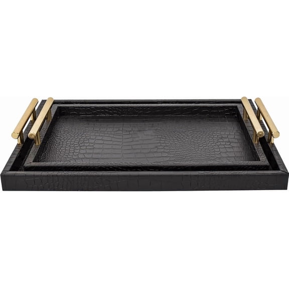 MODE HOME Set of 2 Modern Elegant Large Wood Serving Tray, Rectangle Decorative Tray Ottoman Tay Coffee Table Tray, Black Crocodile Leather with Gold Polished Metal Handles