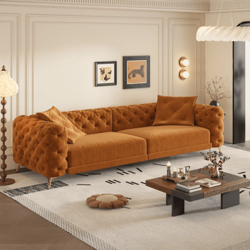 3-in-1 Convertible Sleeper Sofa Bed, 97.7'' 4-Seater Velvet Couch with Pull Out Bed & Movable Ottoman, Deep Seat Tufted Futon for Living Room, Apartment & Office
