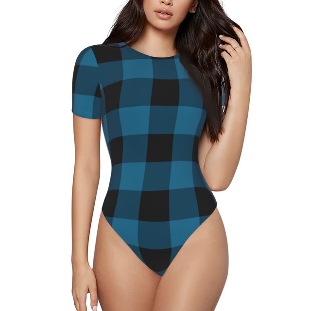 Balery Blue Black Plaid Body de cuello redondo de manga corta para mujer Tops de manga corta Tops básicos-Medium