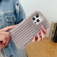 thumbnail image 3 of Compatible with iPhone 15 Pro Max Plush Case Stripe Pattern Fluffy Fuzzy Furry Warm Plush Phone Case Girly Women Girls Smooth Cozy Winter Soft TPU Warm Hair Fur Shockproof Phone Cover, Khaki, 3 of 6