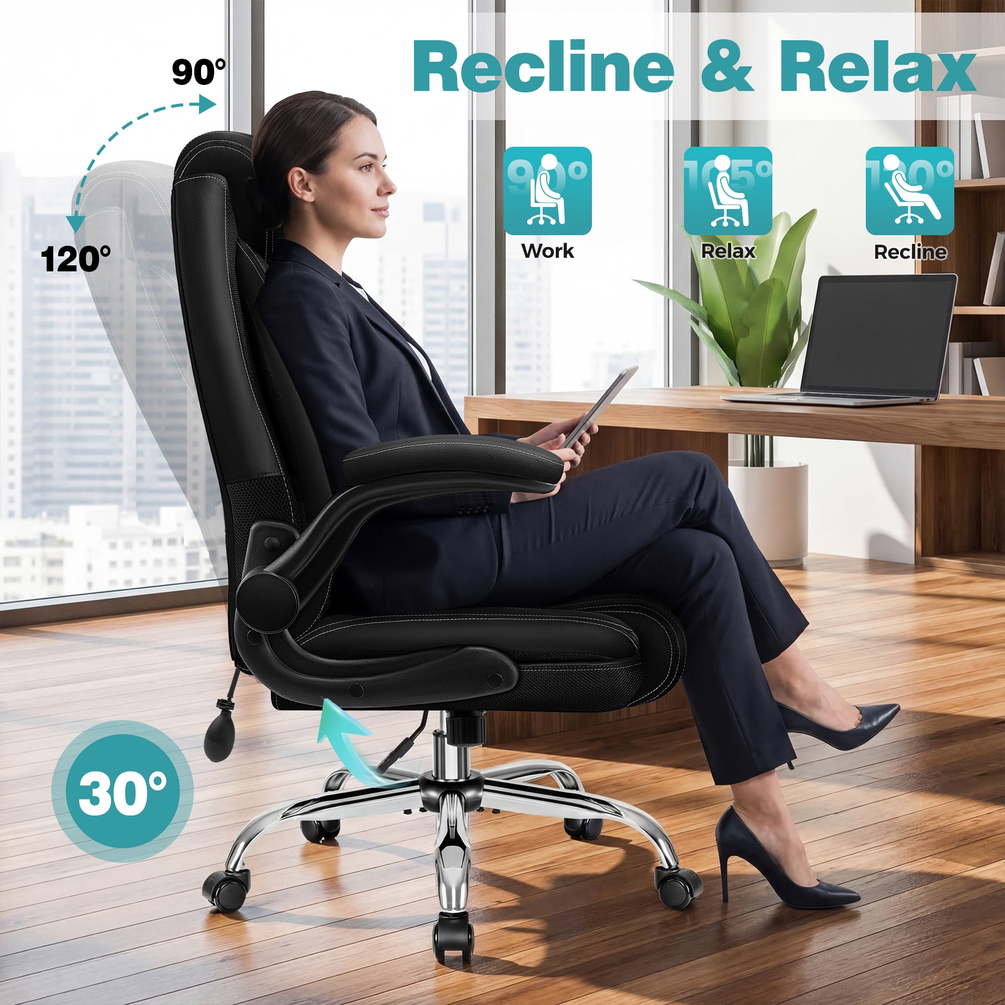 ATHOPE Leather Office Chair, Executive Desk Chairs with Flip-up Padded Armrests, Big and Tall Office Chair with Wheels, Ergonomic Computer Chair with Lumbar Support for Home Office, Black