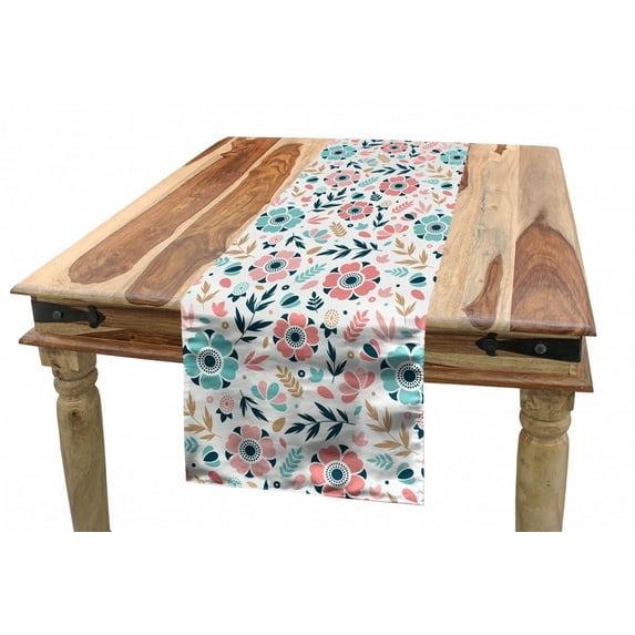 Floral Table Runner, Soft Pastel Colored Hand Drawn Abstract 5 Petal Flowers and Wild Herbs Design, Dining Room Kitchen Rectangular Runner, 3 Sizes, by Ambesonne