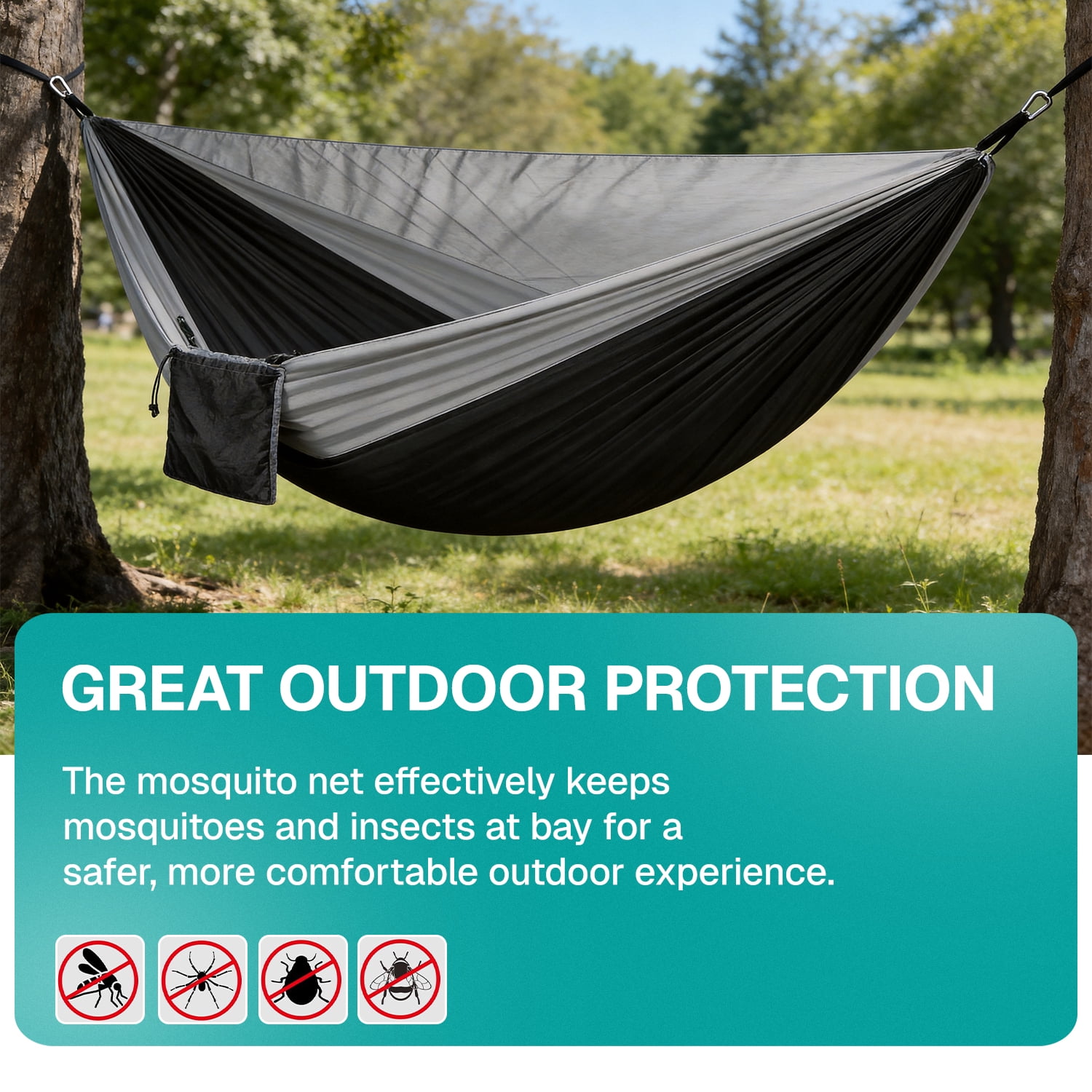 BN-LINK Camping Hammock, Portable Lightweight Hammocks with Mosquito Net, Outdoor Hammocks for Backpacking,Beach,Backyard,Patio,Hiking,440 lb Capacity,Gray Black