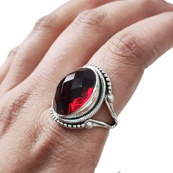 Natural Checker Garnet Ring, Women's Garnet Ring, January Birthstone, Bohemian Band, 925 Sterling Silver, Womens Ring, Christmas, Thanksgiving, Handmade, Statement Jewelry, Natural Gemstone Ring