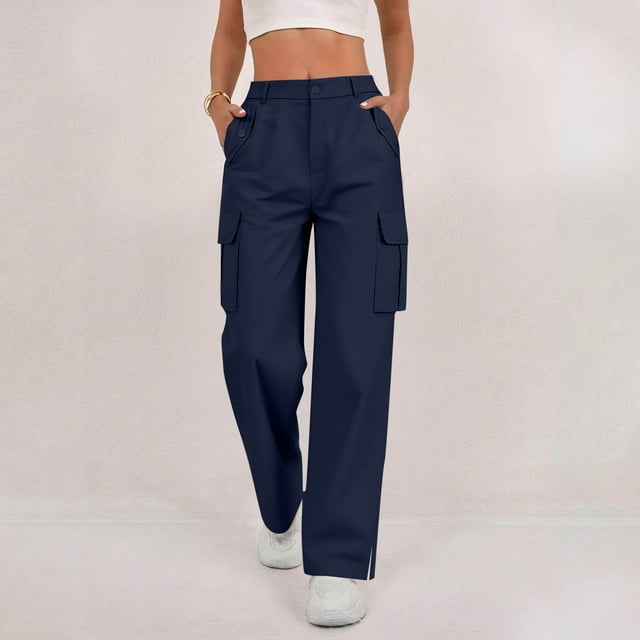 Timegard Cargo Pants Women Elastic Waist Button Straight Leg Loose Active Outdoor Side Split Trousers Fall