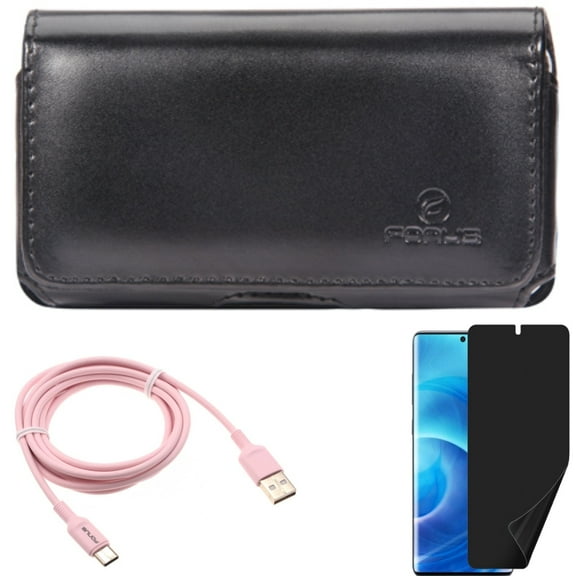 6ft USB-C Cable w Case Belt Clip w Privacy Screen Protector for Samsung Galaxy S20 - Pink Charger Cord, Leather Swivel, TPU Film [NOT GLASS] G6N fits Samsung Galaxy S20 Model