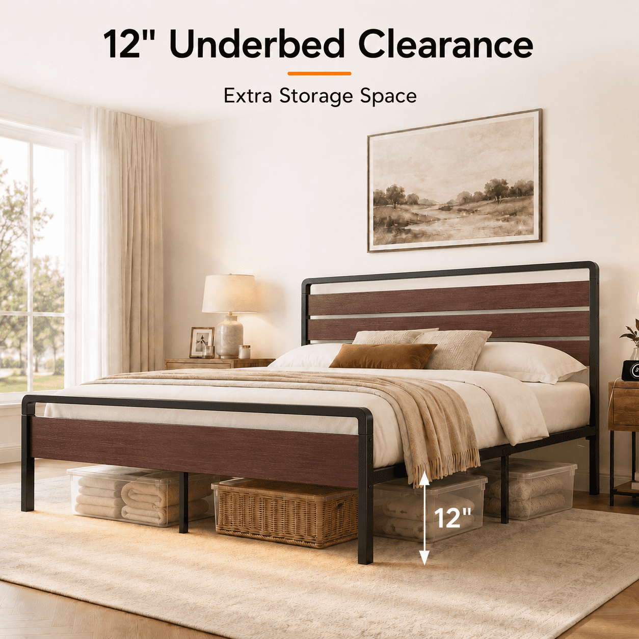 Zimtown Full Platform Bed Frame with 12-Inch Under-Bed Storage, LED Lighted Headboard & Footboard, Modern Apartment Bedroom,Rustic Red Brown