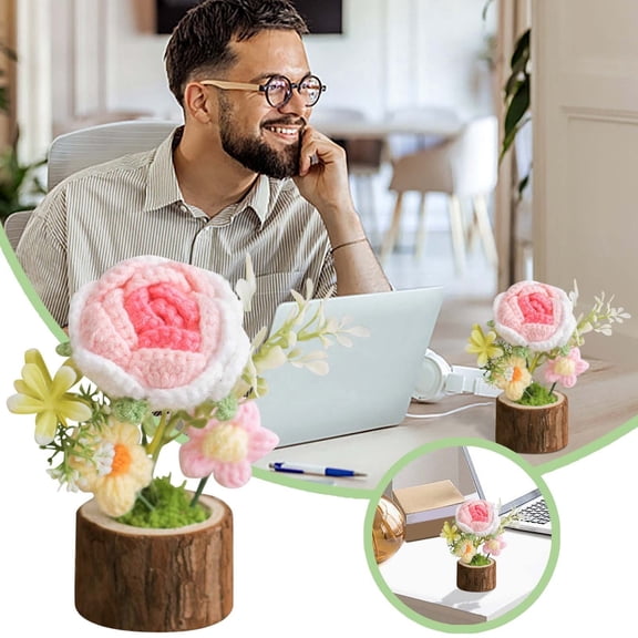 Desktop Ornament Handmade Knitted Potted Crochet Flower Bouquet for Home Desk Decoration Ideal for Housewarming