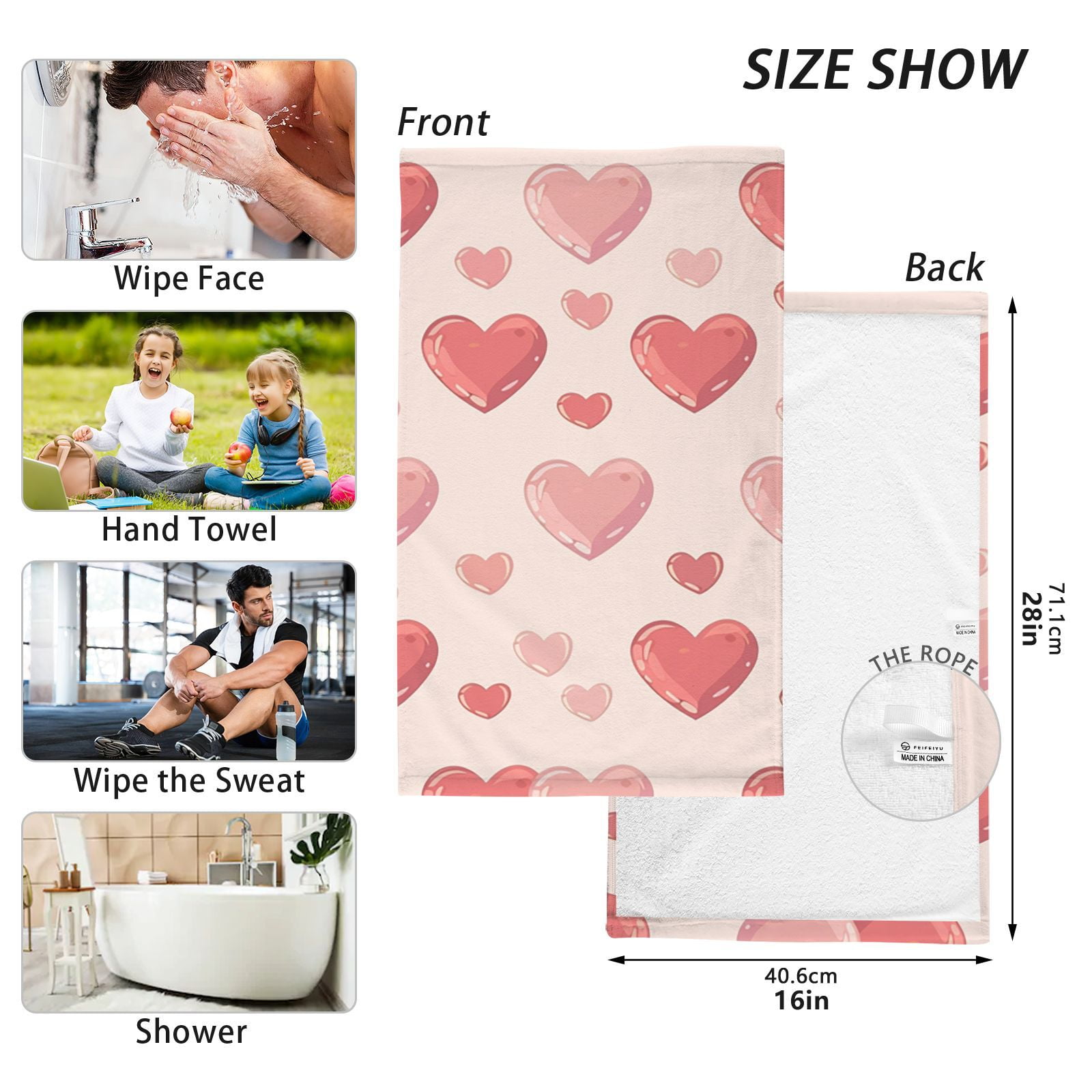 Red and Pink Hearts Hand Towels Cotton Bath Towels Large Face Towels Absorbent for Bathroom 2 Packs