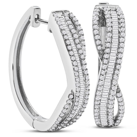 SuperJeweler 1 Carat Baguette and Round Colorless Diamond Swirl Hoop Earrings In Sterling Silver For Women