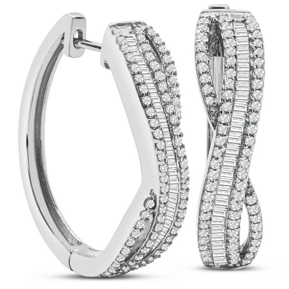 SuperJeweler 1 Carat Baguette and Round Colorless Diamond Swirl Hoop Earrings In Sterling Silver For Women