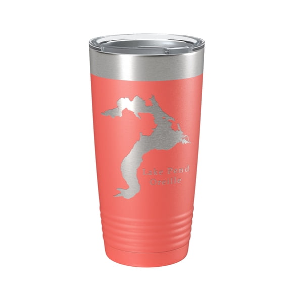 Lake Pend Oreille Map Tumbler Travel Mug Insulated Laser Engraved Coffee Cup Idaho 20 oz Coral