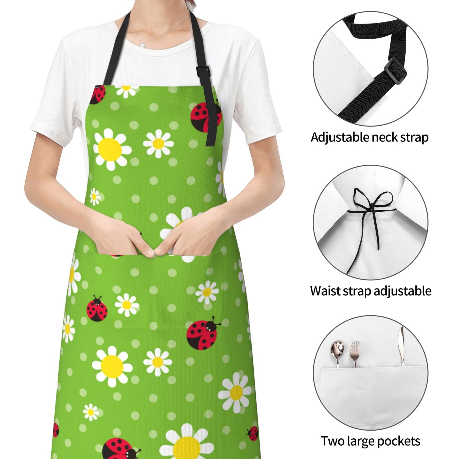 Kdxio Daisies And Ladybugs Apron with Pockets Adjustable Kitchen Aprons for Men Women Waterproof Aprons for Cooking,Drawing,Crafting, Baking Household Cleaning