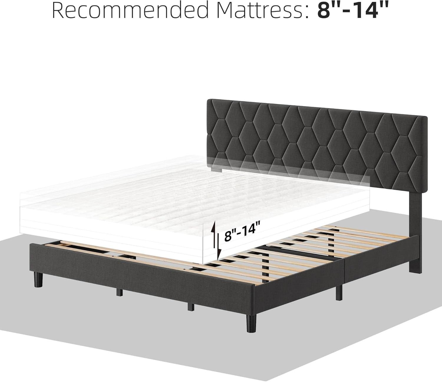 ChaoLink King Bed Frame Platform Bed Frame with Upholstered Headboard – Adjustable Fabric Bed Frame with Diamond Pattern, Soft Fabric, Wood Slat Support, Grey