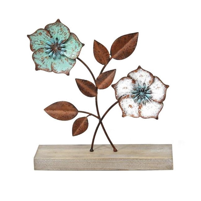 Stratton Home Decor S19356 Metal Flower Table Top - Distressed White, Blue & Brown