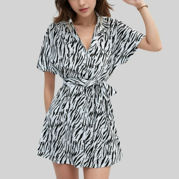Women's Zebra Print Romper with Collared V-Neck and Waist Tie - Medium, Black