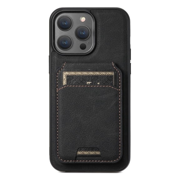 iPhone 15 Wallet Case Leather Magnetic Magsafe Slim Shockproof Business Case-Black