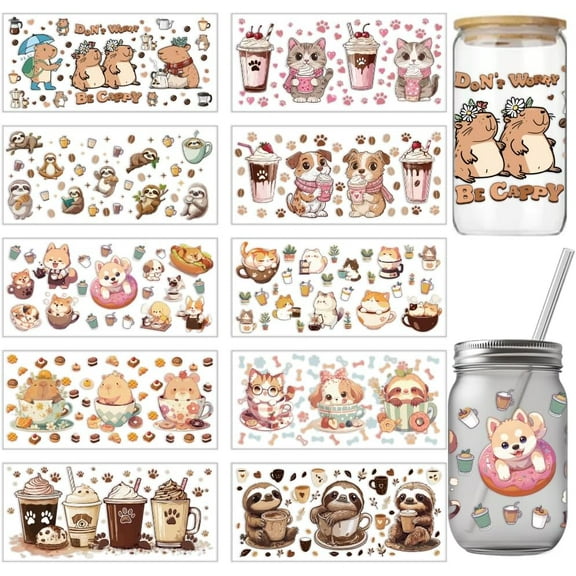 10 Sheets Coffee Animals Theme UV DTF Cup Wrap for 16OZ Glass Capybara Cat Dog Sloth Rub on Decals Cartoon PVC Transfer Stickers for DIY Cups Bottles 24x11cm/9.4x4.3inch