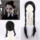 thumbnail image 1 of Peluca de miércoles Addams con gorro de peluca, pelucas negras para disfraz de miércoles, peluca larga trenzada negra, trenzas, pelucas para fiesta de Addams, 1 of 5