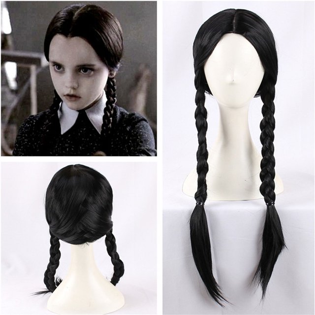 Peluca de miércoles Addams con gorro de peluca, pelucas negras para disfraz de miércoles, peluca larga trenzada negra, trenzas, pelucas para fiesta de Addams