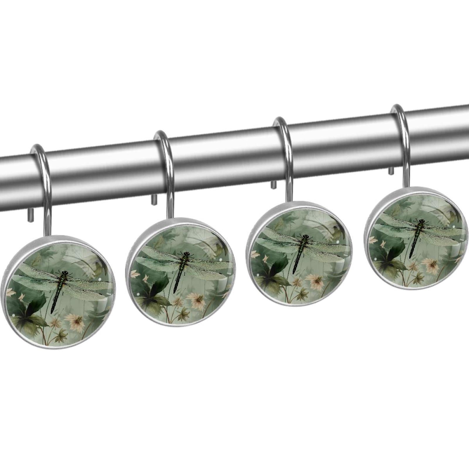 Dragonfly Rolling Shower Curtain Hooks, Clear Crystal Glass Art Decorative Stainless Bath Bathroom Set 12 Pcs