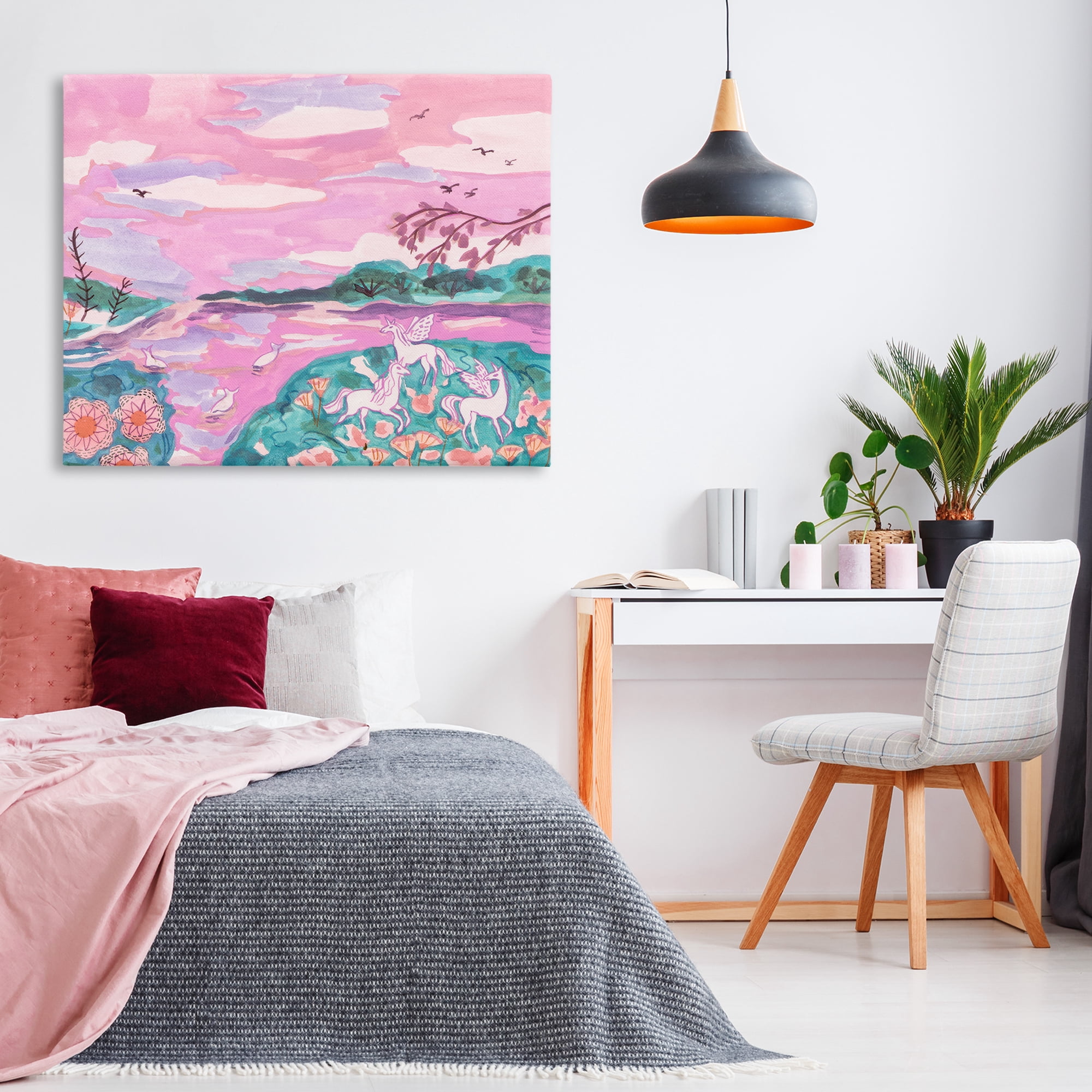 Stupell Industries Pink Whimsical Unicorns Fantasy & Sci-Fi Painting Wrapped Canvas Art Print Wall Art, 48 x 36