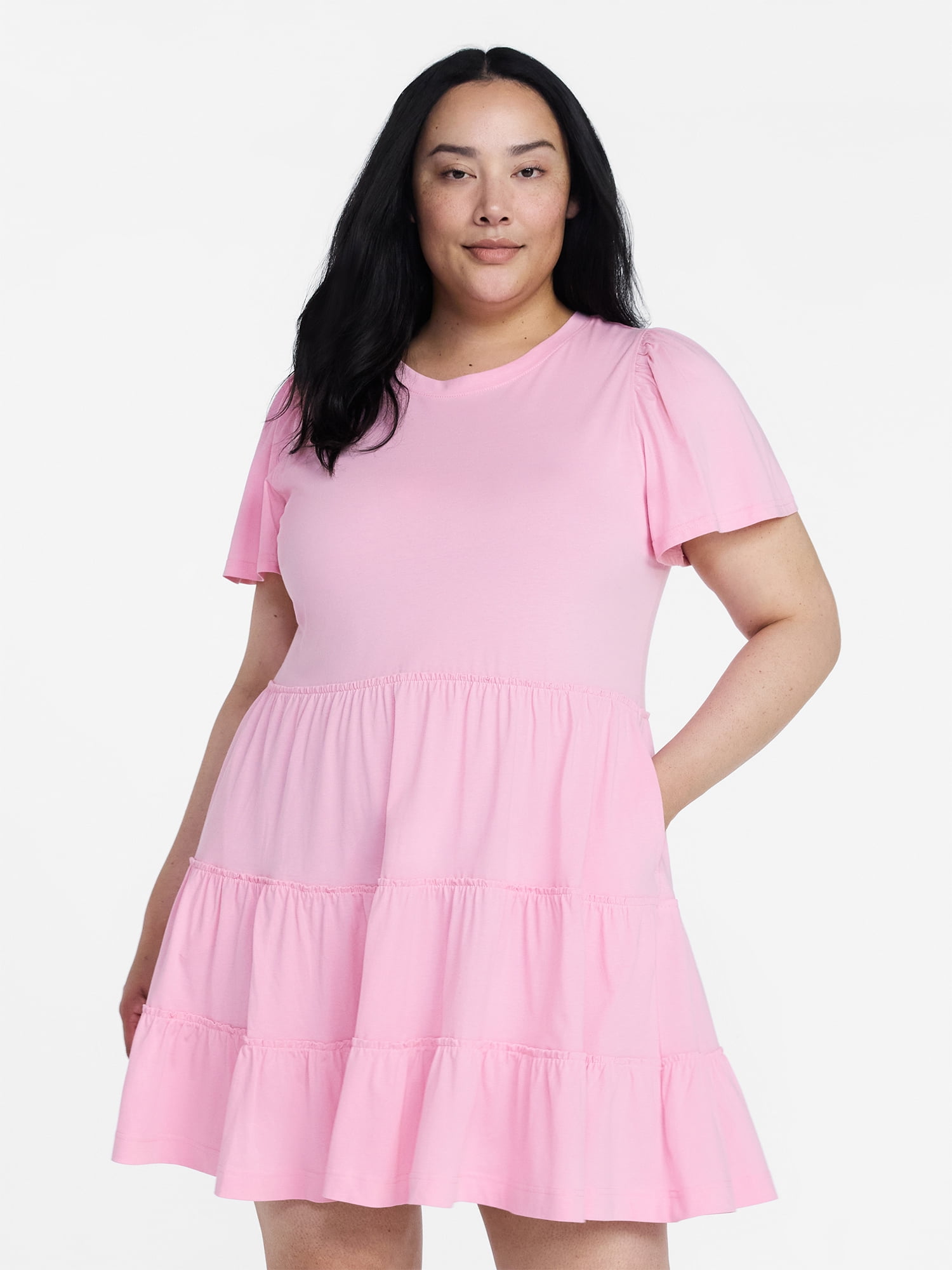 Time and Tru Women's and Women’s Plus Cotton Swing Dress with Short Sleeves, Sizes XS-4X