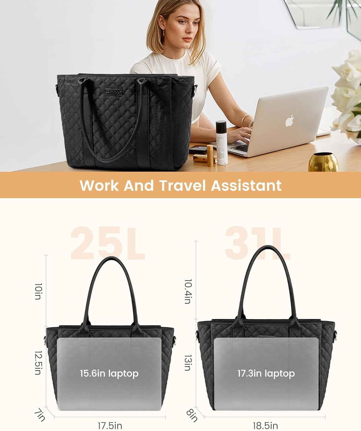 LOVEVOOK Tote Bag For Women, Large Work Tote Laptop Bag, Quilted Computer Shoulder Bags with Zipper for Travel Teacher Nurse