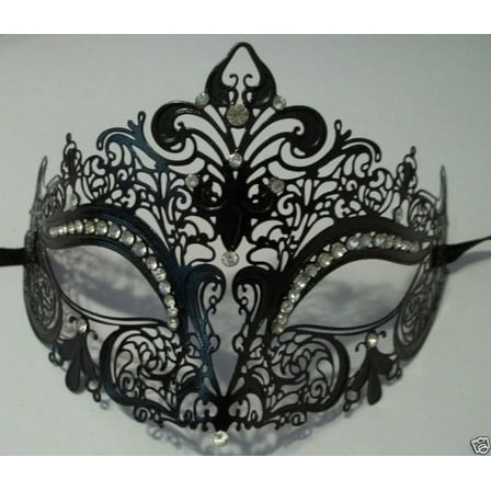 Black Laser Cut Venetian Mask Masquerade Ball Prom Metal Filigree Crystals