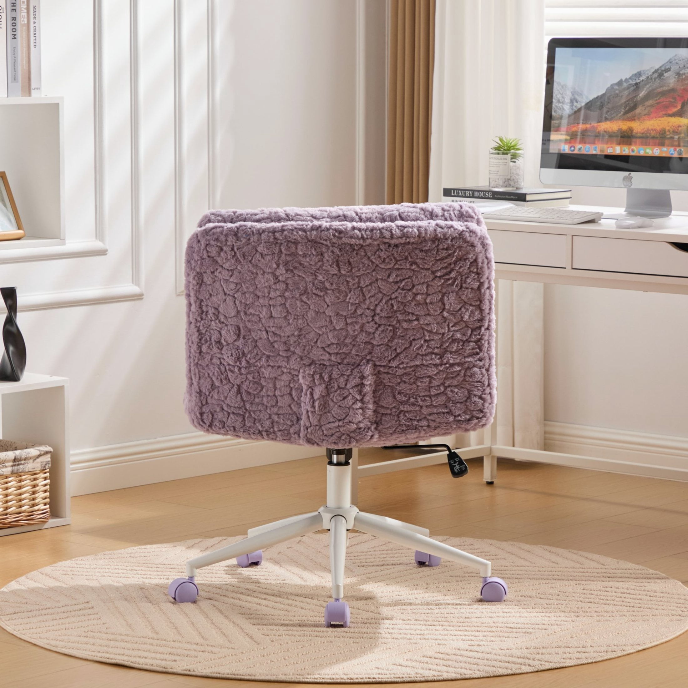 GDF Studio 26.4"W Seat Office Chair with Faux Fur Upholstery, Adjustable Height, Swivel Metal Base, Violet