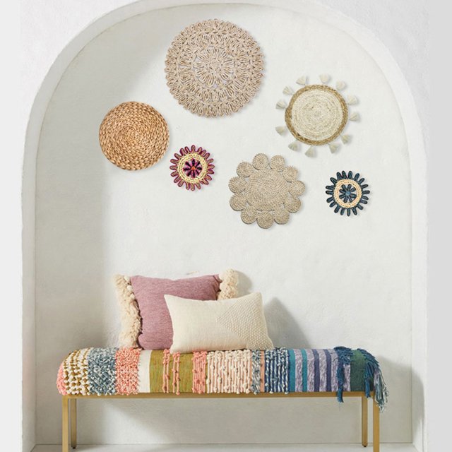 Cesta de pared trenzada bohemia, cesta artística de pared bohemia, decoración para dormitorio, 6 uds.