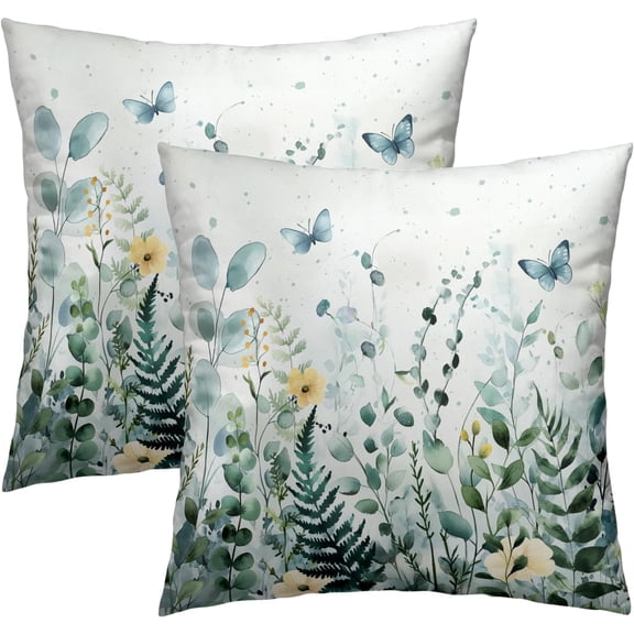 Green Leaves Flowers Pillow Covers 16x16 Inch, Set of 2 Spring Summer Greenery Floral Butterfly Soft Cotton Square Decorative Pillowcases for Living Room Bed Sofa Home Decor