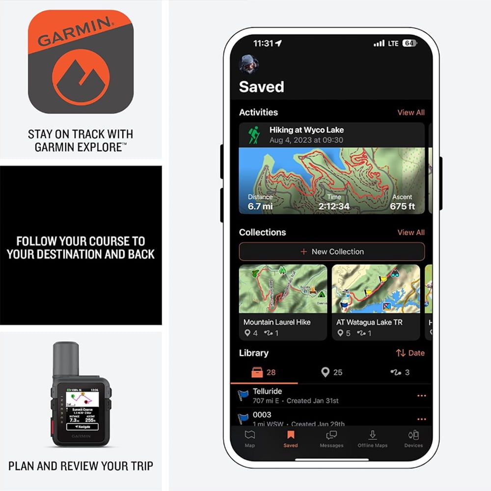 Garmin inReach Mini 3 Compact SOS Satellite Communicator with Touchscreen 010-03387-00 Bundle with Wearable Commuter Front and Rear Safety Light and 2-Pack Tactical Emergency Paracord Bracelet