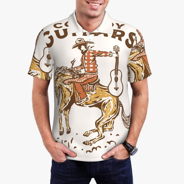 Lsque Cowboy Rodeo Guitar Pattern Golf Shirts for Men Dry Fit Print Moisture Wicking Performance Short Sleeve Polo Shirt-4X-Large