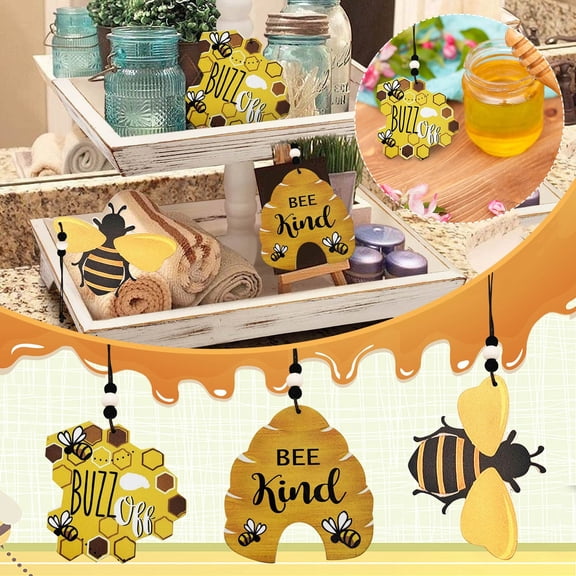 3Pc Clearance Under $5 Bee Ornaments Bee Themed Wooden Decor For Farmhouse Kitchen Window Valance, Wood Beehive Charm (H)