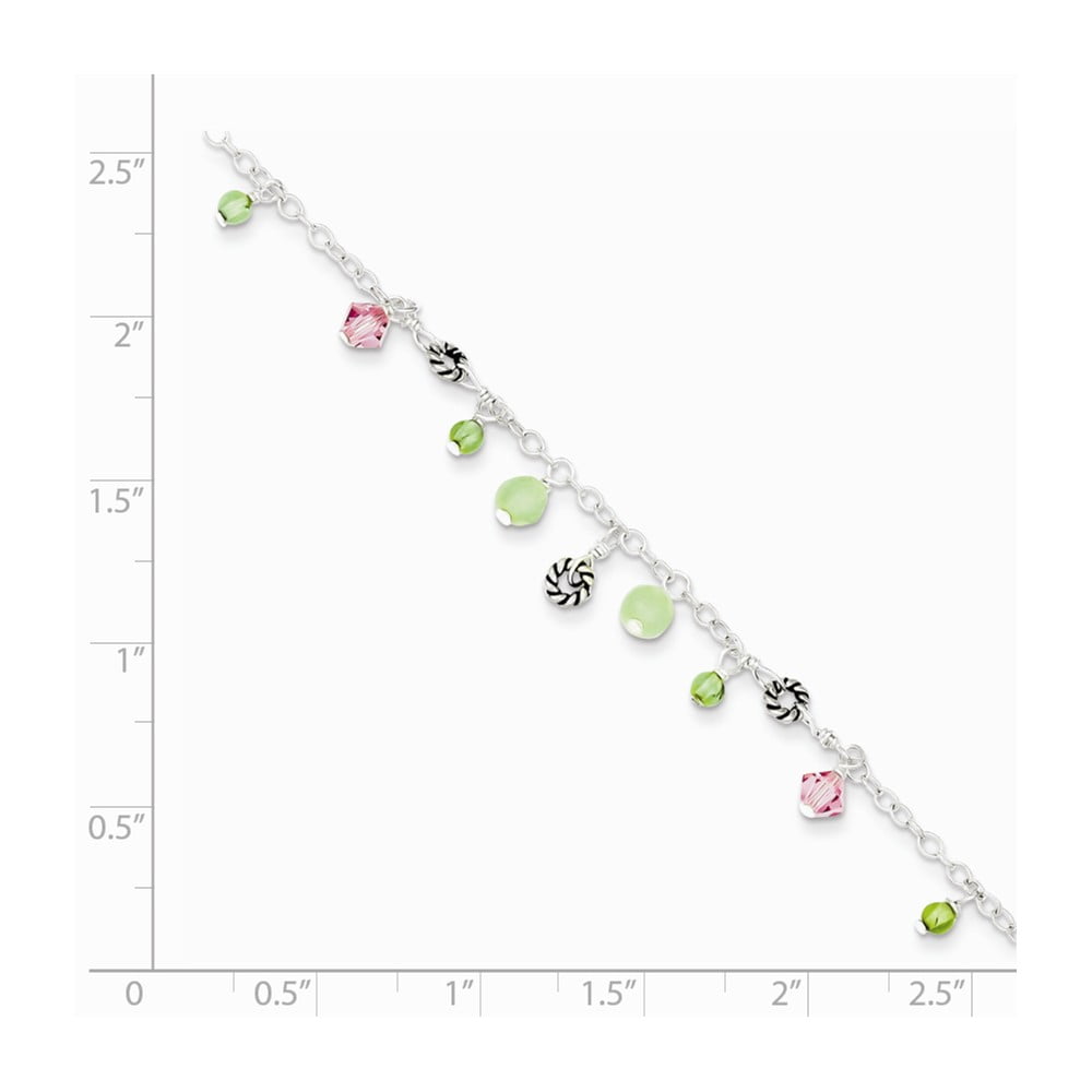 Sterling Silver 9in Pink Crystal Green Quartz Peridot Beads Anklet QG1401
