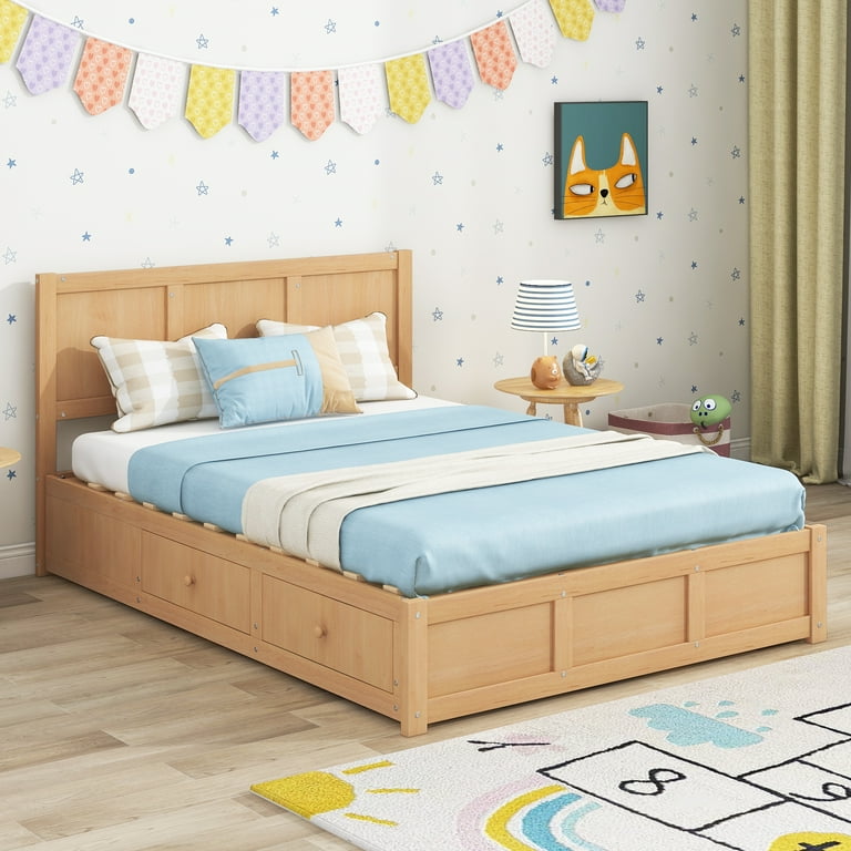 Euroco Full Size Lift Up Storage Bed Wood Platform Bed Frame with 2 Drawers Hydraulic Storage System No Box Spring Needed Easy Assembly Wood