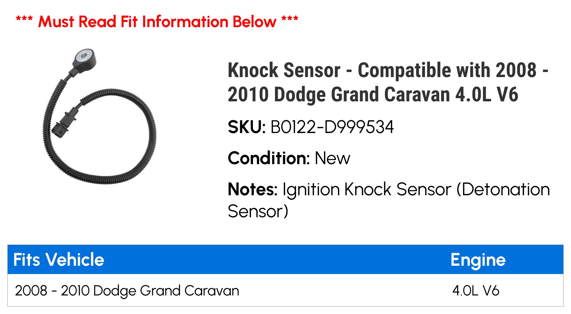 Knock Sensor - Compatible with 2008 - 2010 Dodge Grand Caravan 4.0L V6 2009