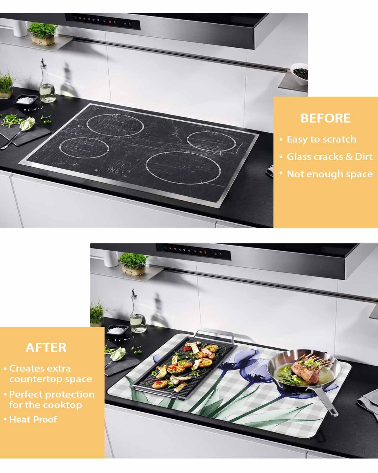 nqOlkjepod Large Induction Cooktop Protector Mat 24"x21", Light Purple Tulip Stove Top Covers for Electric Stove, Farmhouse Flowers Grey Checkered Stove Burner Cover Mats, Glass Top Stove Cover