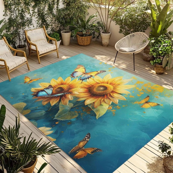 Yellow Sunflower Outdoor Rug 5x7 Ft - Reversible Patio Rug Outdoor Camping Rugs, Spring Butterfly Teal Abstract Vintage Indoor Outdoor Area Rugs, Non-Slip Outdoor Carpet Runner for Deck/Porch