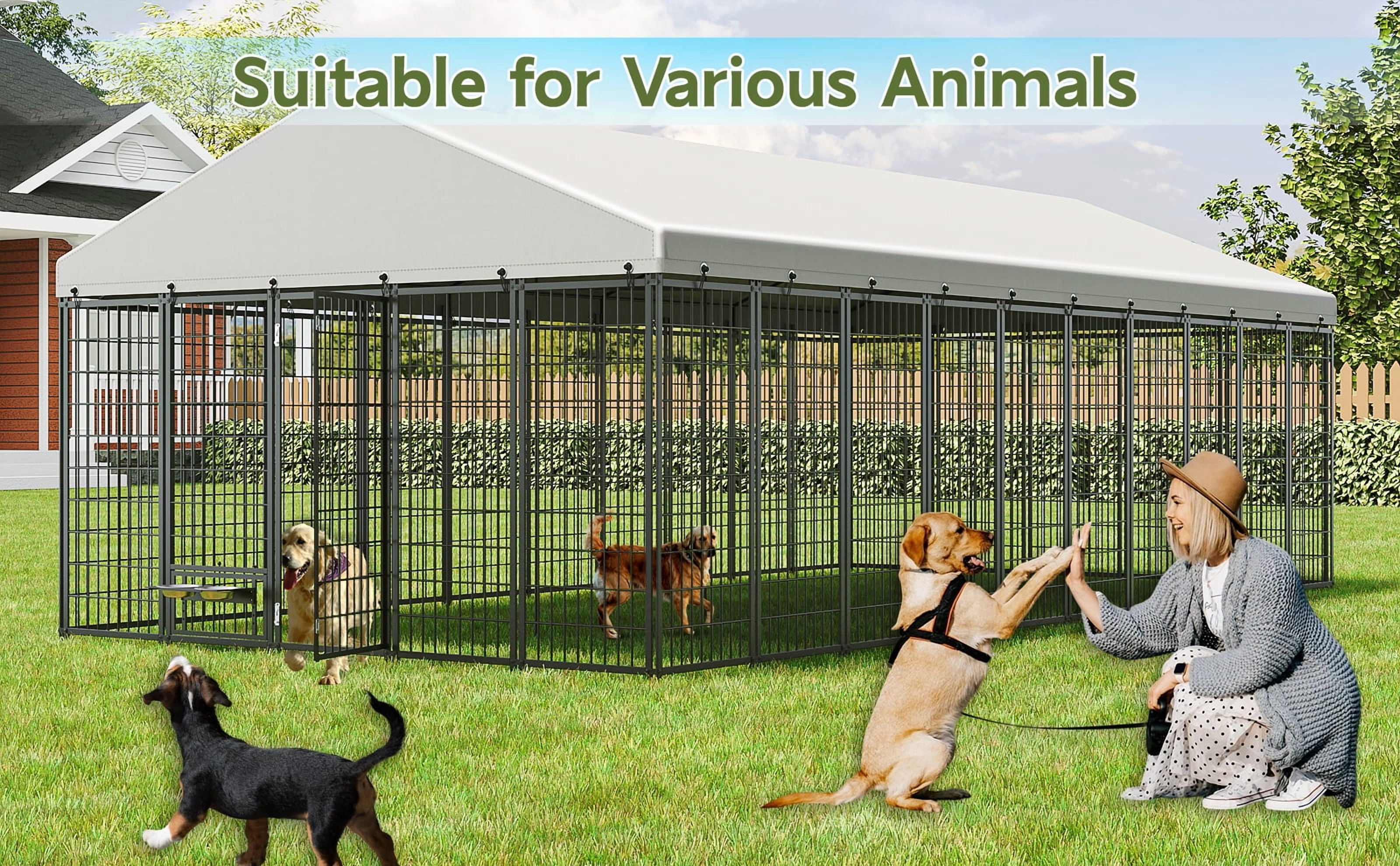 Large Dog Kennel Outdoor Pet Pens Dogs Run Enclosure Animal Hutch Metal Coop Fence with Roof Cover, 18.9'L x 9.61'W x 6.76'H