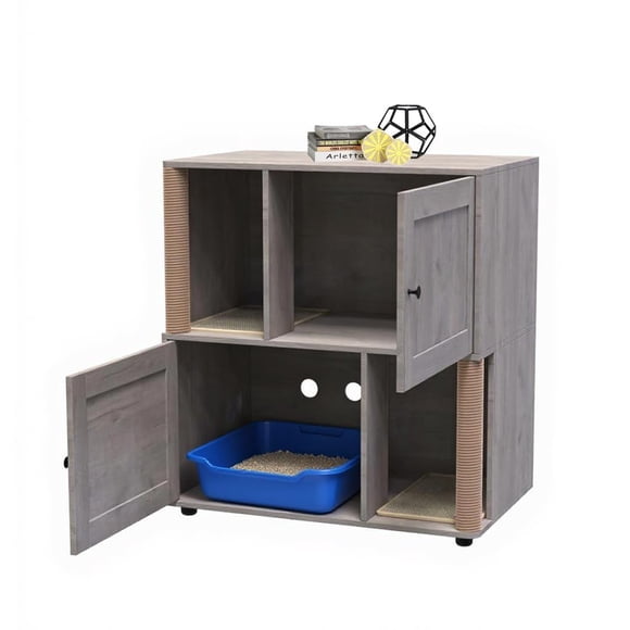 Cat Litter Box Furniture Walmart - Modern Double Enclosure Cabinet for 2 Cats - 2-Tier Wooden Washroom with Scratching Post & Mats - Basic Gray Hidden Design (Fits Most Litter Boxes）